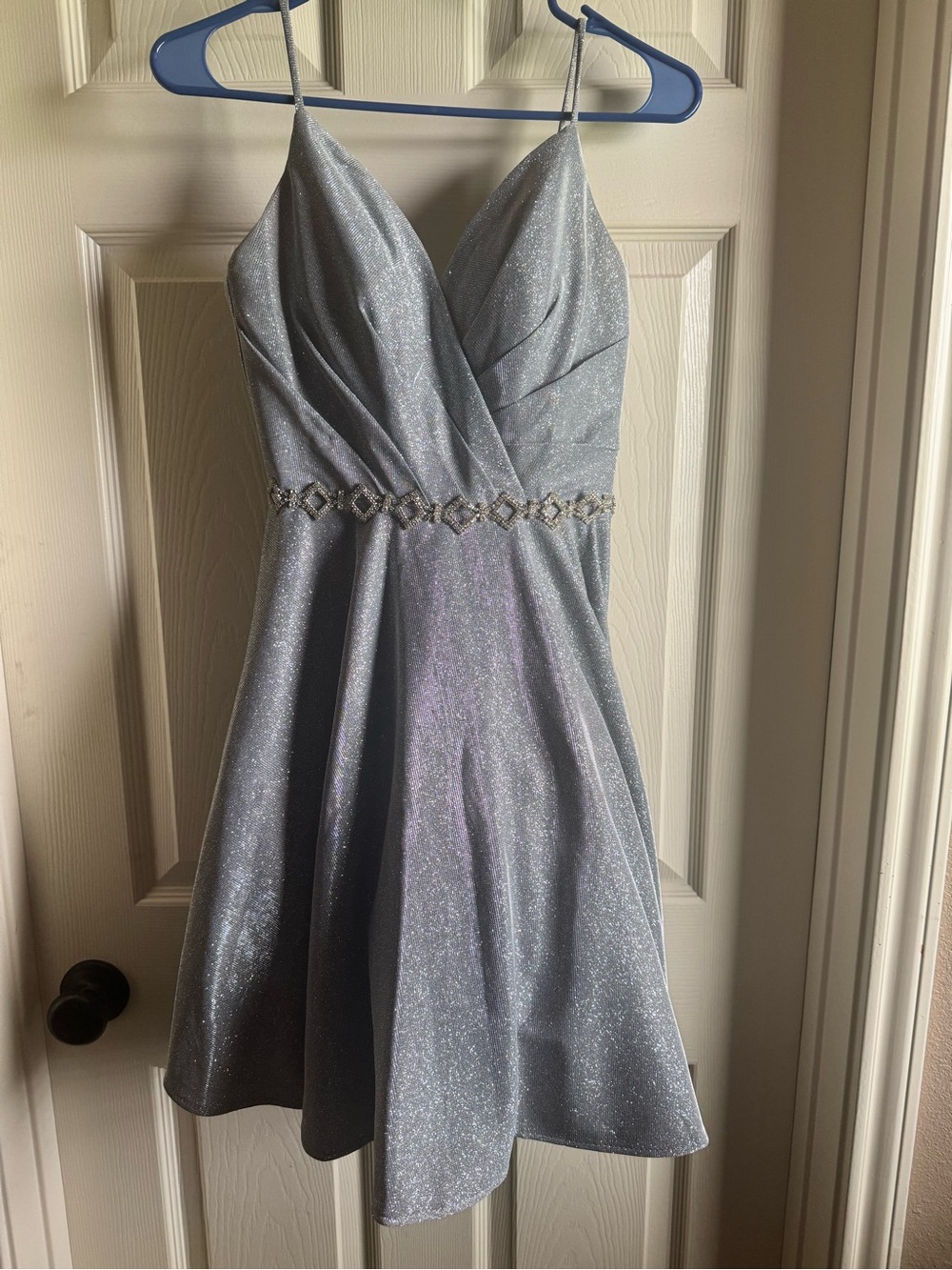 ADORA Silver Glitter V-Neck Spaghetti Strap Mini Dress